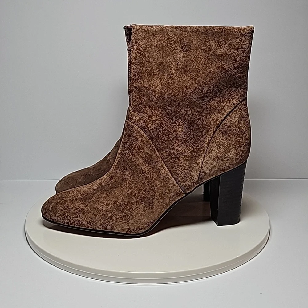 Franco Sarto Pia Suede Ankle Booties Brown 7.5 Side Zip Almond Toe Heeled Boots